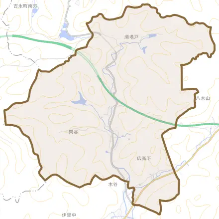 閑谷とその周辺の地図。町の範囲を重ねている