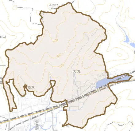 大内とその周辺の地図。町の範囲を重ねている