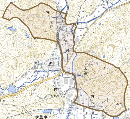 木谷とその周辺の地図。町の範囲を重ねている