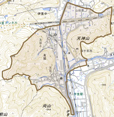友延とその周辺の地図。町の範囲を重ねている