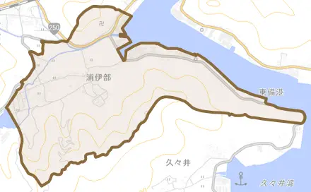 浦伊部とその周辺の地図。町の範囲を重ねている