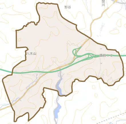 八木山とその周辺の地図。町の範囲を重ねている