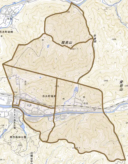 吉永町福満とその周辺の地図。町の範囲を重ねている