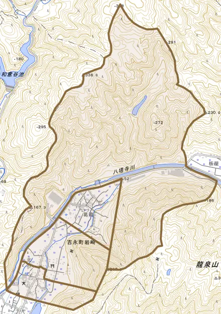 吉永町岩崎とその周辺の地図。町の範囲を重ねている