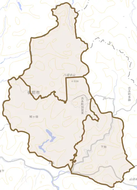 吉永町加賀美とその周辺の地図。町の範囲を重ねている