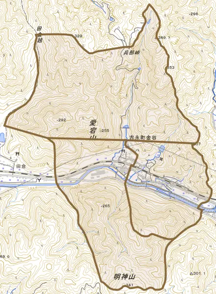 吉永町金谷とその周辺の地図。町の範囲を重ねている