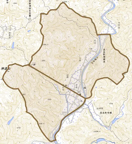 吉永町神根本とその周辺の地図。町の範囲を重ねている