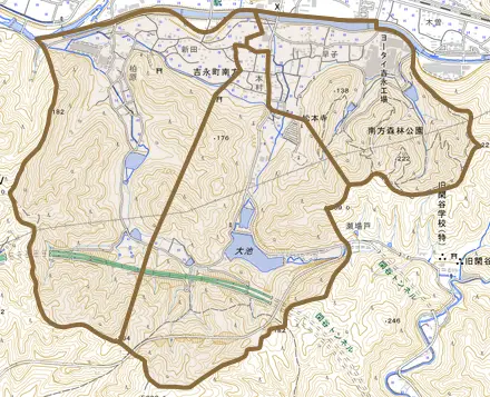 吉永町南方とその周辺の地図。町の範囲を重ねている