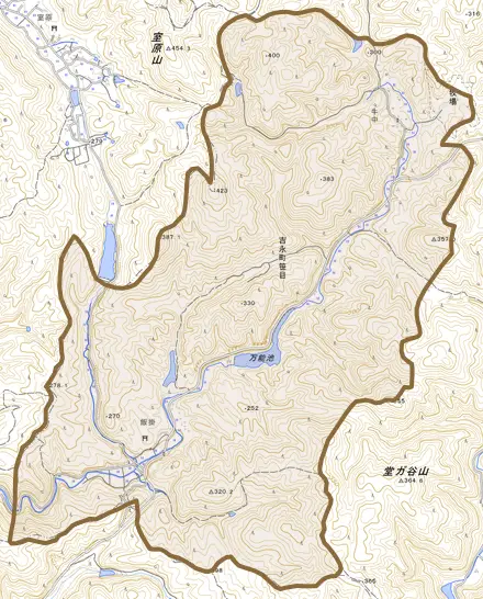 吉永町笹目とその周辺の地図。町の範囲を重ねている