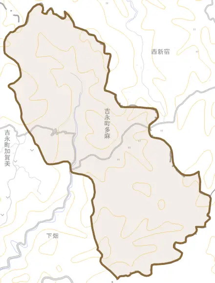 吉永町多麻とその周辺の地図。町の範囲を重ねている