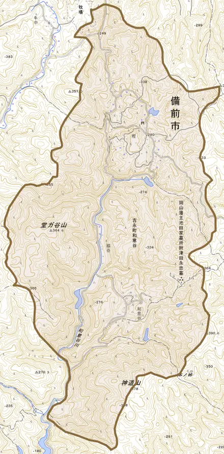 吉永町和意谷とその周辺の地図。町の範囲を重ねている