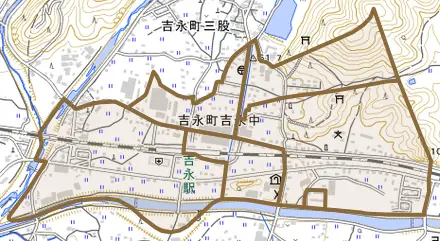 吉永町吉永中とその周辺の地図。町の範囲を重ねている
