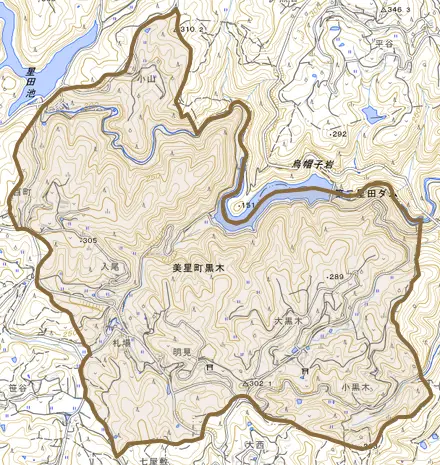 美星町黒木とその周辺の地図。町の範囲を重ねている