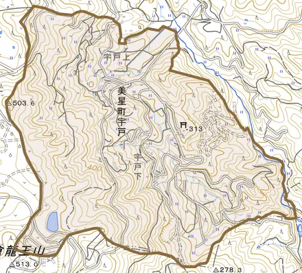 美星町宇戸とその周辺の地図。町の範囲を重ねている