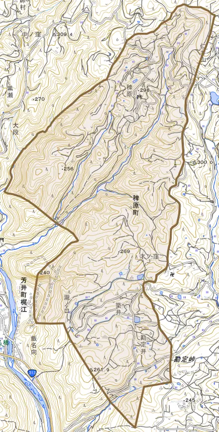 稗原町とその周辺の地図。町の範囲を重ねている