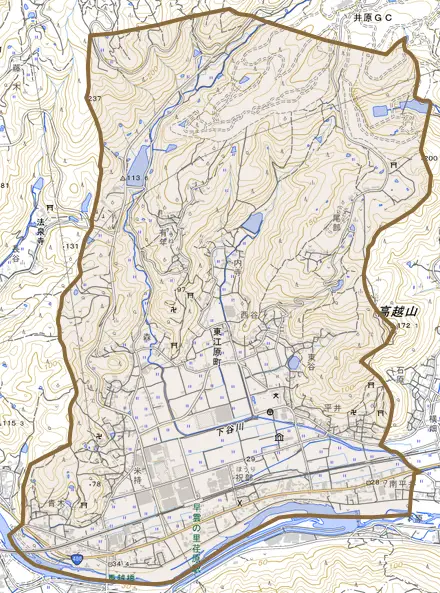 東江原町とその周辺の地図。町の範囲を重ねている