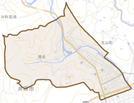 井原町とその周辺の地図。町の範囲を重ねている
