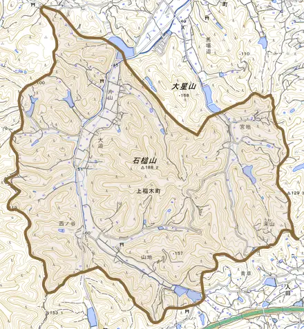 上稲木町とその周辺の地図。町の範囲を重ねている