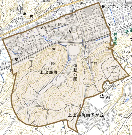上出部町とその周辺の地図。町の範囲を重ねている