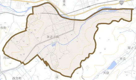木之子町とその周辺の地図。町の範囲を重ねている