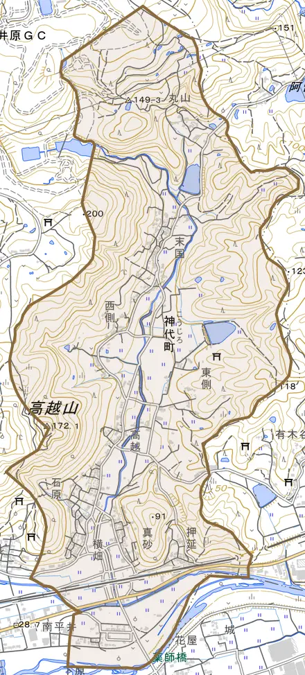 神代町とその周辺の地図。町の範囲を重ねている