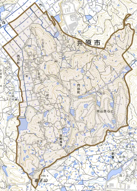 門田町とその周辺の地図。町の範囲を重ねている