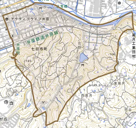 七日市町とその周辺の地図。町の範囲を重ねている