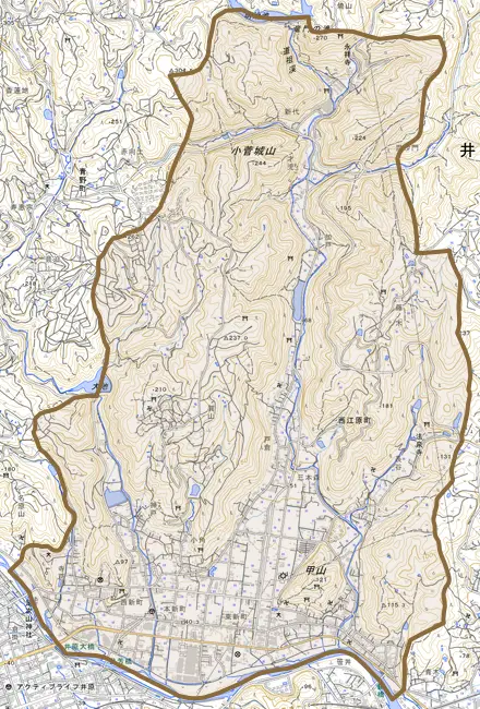 西江原町とその周辺の地図。町の範囲を重ねている