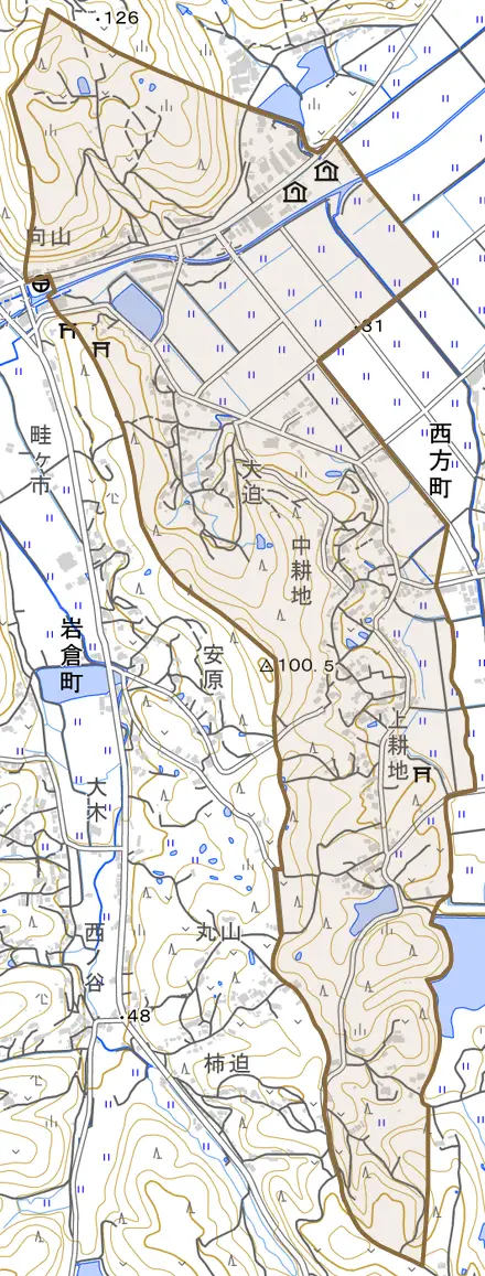 西方町とその周辺の地図。町の範囲を重ねている