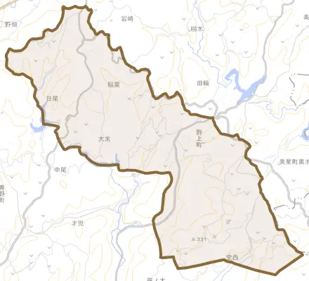 野上町とその周辺の地図。町の範囲を重ねている