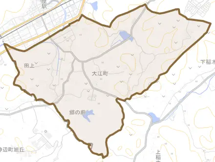 大江町とその周辺の地図。町の範囲を重ねている