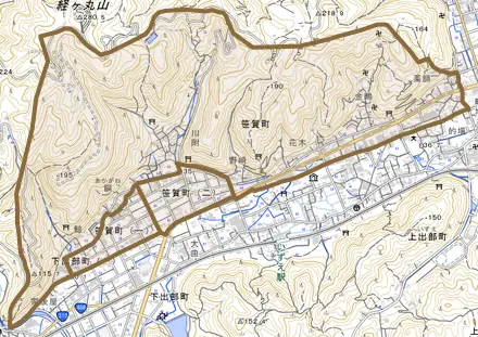 笹賀町とその周辺の地図。町の範囲を重ねている