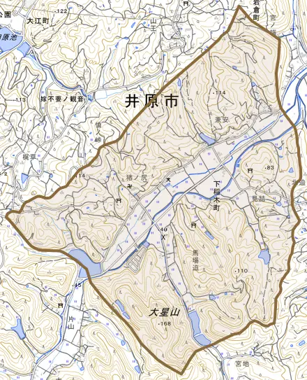 下稲木町とその周辺の地図。町の範囲を重ねている