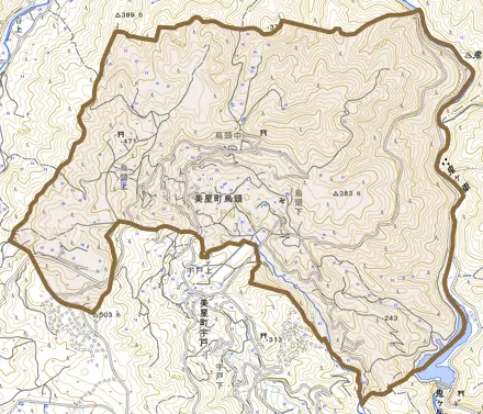美星町烏頭とその周辺の地図。町の範囲を重ねている