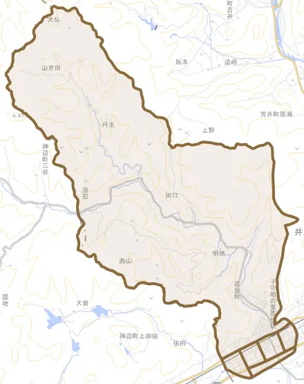 高屋町とその周辺の地図。町の範囲を重ねている