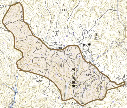 芳井町佐屋とその周辺の地図。町の範囲を重ねている
