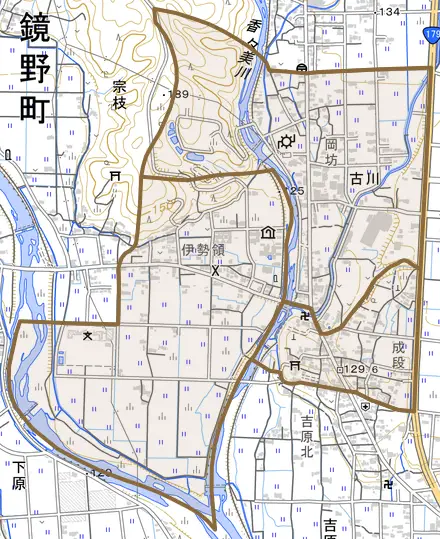 古川とその周辺の地図。町の範囲を重ねている