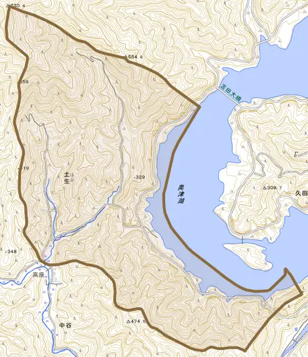 土生とその周辺の地図。町の範囲を重ねている