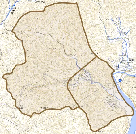 箱とその周辺の地図。町の範囲を重ねている