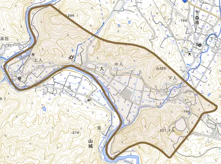 入とその周辺の地図。町の範囲を重ねている