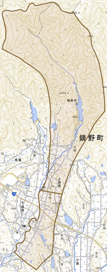 上森原とその周辺の地図。町の範囲を重ねている
