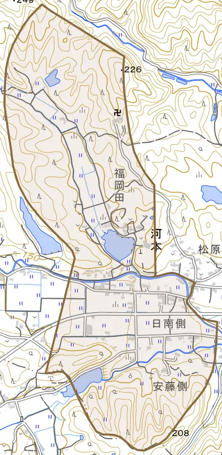 河本とその周辺の地図。町の範囲を重ねている