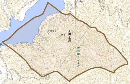 久田上原とその周辺の地図。町の範囲を重ねている