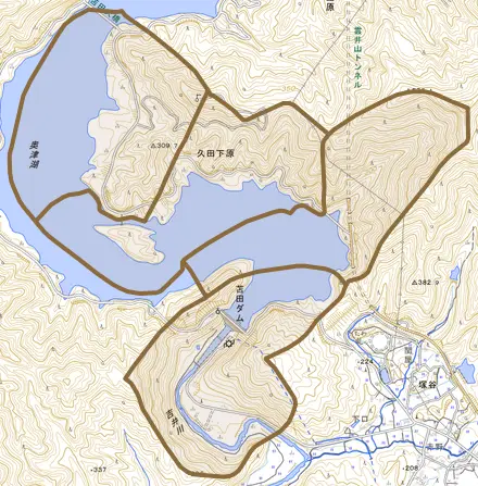 久田下原とその周辺の地図。町の範囲を重ねている