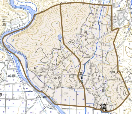 真加部とその周辺の地図。町の範囲を重ねている