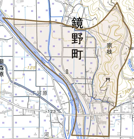 宗枝とその周辺の地図。町の範囲を重ねている