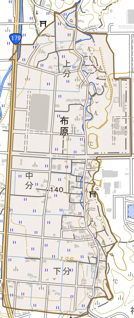 布原とその周辺の地図。町の範囲を重ねている