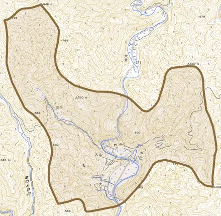大とその周辺の地図。町の範囲を重ねている