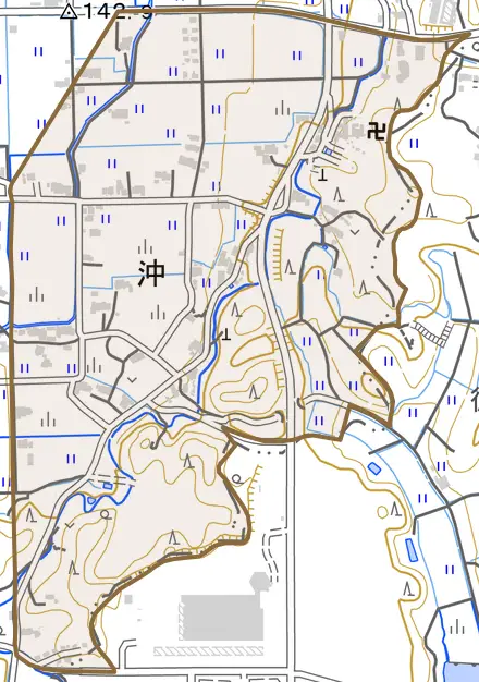 沖とその周辺の地図。町の範囲を重ねている