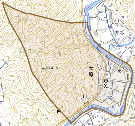 女原とその周辺の地図。町の範囲を重ねている